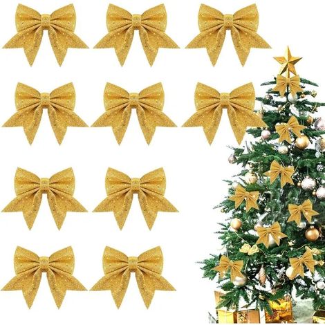 10 PCS Noeud Sapin Noel, Noeud Doré Ssapin Noel, Deco Sapin de Noel, Décorations de Noël pour Portes, Fenêtres, Jardins (Or) (1/5)