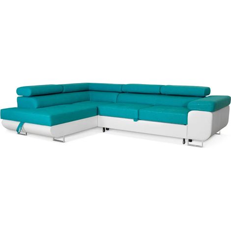 Ecksofa Aller L-form mit Schlaffunktion und Bettkasten, Türkis und Weiß Kunstleder, Links Ottomane. (1/5)