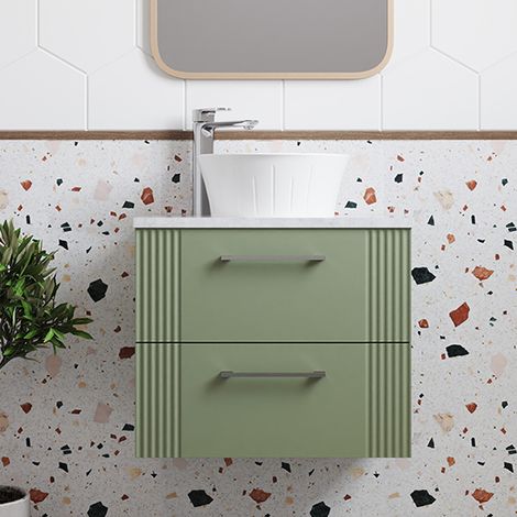 Nuie Deco Satin Green 600mm Wall Hung 2 Drawer Vanity Unit with Bellato Grey Worktop - DPF893LBG (1/5)