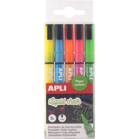 Marqueurs craie liquide couleurs fluo - Pack de 5 - Pointe ronde 3 mm - Effaçables - Pour tableau noir, verre et vitrines (1/2)