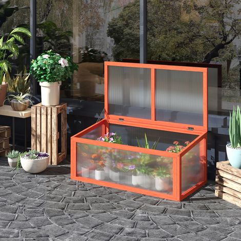 Outsunny Frühbeet Holz und Polycarbonat Treibhaus 90 x 46 x 40 cm Gewächshaus mit Abdeckung wetterfest Frühbeetkasten für Garten Pflanzenbeet Orange
