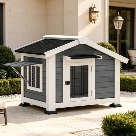 Erhöhte Hundehütte 98 x 76 x 69,5 cm aus Holz und Metall, grau, wasserdichtes Dach – MEUBLIV (1/5)