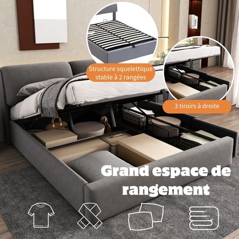 Lit coffre hydraulique 140x200, sommier à lattes avec tête de lit, trois tiroirs de rangement, velours gris, sans matelas. (1/5)