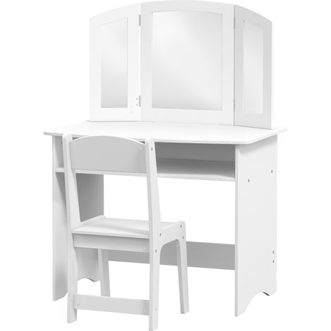 Set de maquillage pour enfants avec table de coiffeuse avec miroir triple amovible et chaise en bois blanc (1/5)
