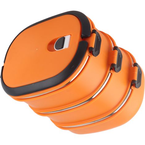 Orangefarbene, dreiteilige Lunchbox aus Edelstahl, isolierte Lunchbox für Schüler, rechteckige Lunchbox mit mehreren Fächern, Geschenkbox. (1/5)