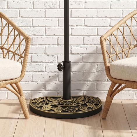 Pied de parasol en forme de croissant avec manivelle, diamètres 38 mm et 48 mm, en résine, fixation murale, dimensions 50 x 31 x 32 cm, finition bronze. (1/5)