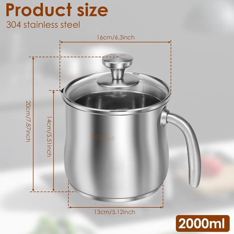 Milchtopf Edelstahl mit Deckel,2 Liter Butter Schmelztopf mit Ausgießer und Rutschfester Kunststoffgriff,Kochtopf Induktion,Kleiner Topf für Gas Elektro Induktion