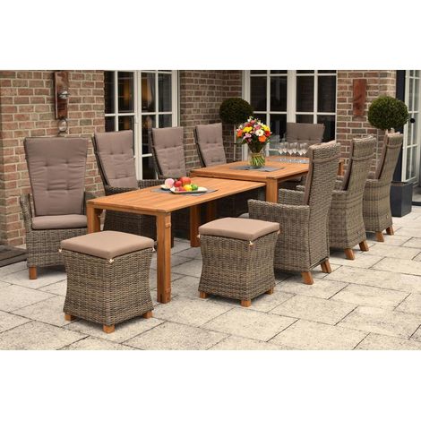 Toskana Set 13tlg 8 Sessel Auflagen Tisch 185/370x90/73cm