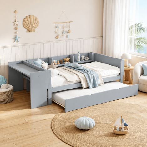 Cama infantil 90x200 cm de madera gris con almacenaje, escritorio y cajón (1/5)