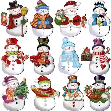 Green Mobility-Lot de 12 décorations de Noël rétro en bois à suspendre, en forme de bonhomme de neige 2D (1/4)