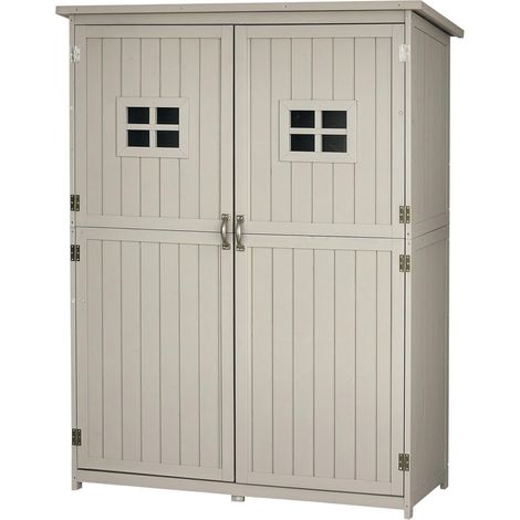 Cabane de jardin/armoire de jardin en bois, dimensions : 127,5 cm (L) x 50 cm (l) x 164 cm (H), 2 étagères, 2 portes, 2 fenêtres, toit en bitume imperméable, bois de cèdre massif pré-revêtu, gris. (1/5)