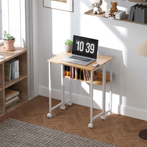 Escritorio plegable que ahorra espacio con tapa abatible, estante, bolsillo de almacenamiento y ruedas, madera natural.