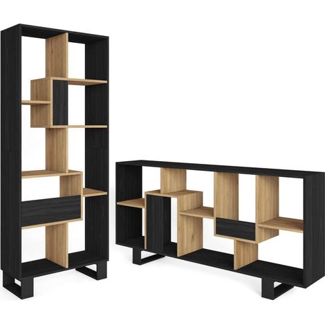 Estantería Casares-01 de 174x67x31 cm con 8 baldas, diseño industrial, color negro y roble (1/4)