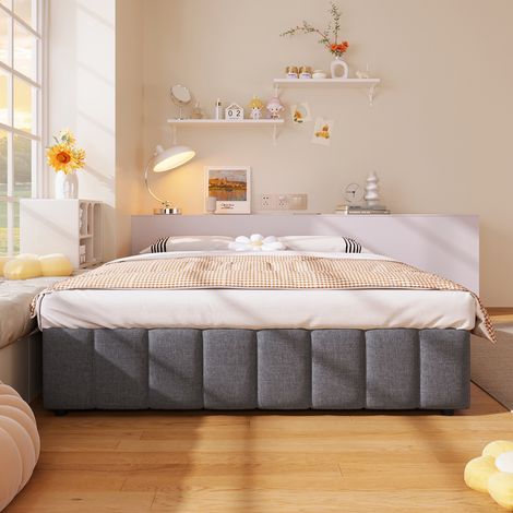 Lit capitonné 140x200 cm, rangement hydraulique, sans tête, sans matelas, gris, chambre adulte, petit espace, gain de place. (1/5)