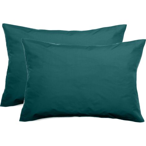 Lot de 2 taies d'oreiller percale pur coton peigné longues fibres 80 fils/cm² Vent du sud - Bleu canard - Lot de 2 taies d'oreiller 50 x 70 + 5 cm Volant plat piqué - Bleu canard -