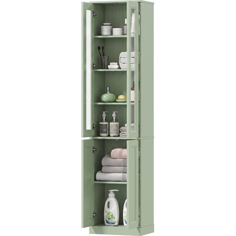 Meuble de rangement salle de bain vert 6 niveaux, 4 portes fermeture douce, étagères réglables (1/4)