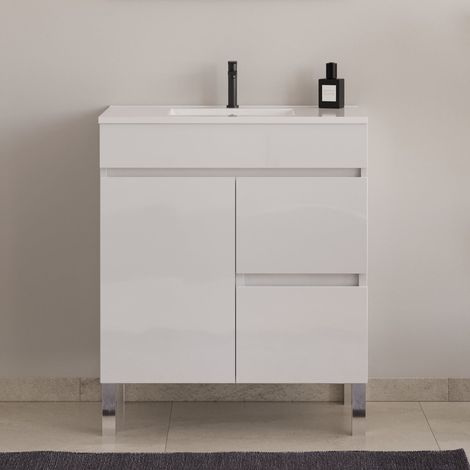 Meuble de salle de bain 60cm sur pieds avec simple vasque - sans miroir - porte et tiroirs - blanc brillant - HARO
