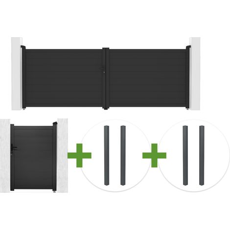 Portail battant 4m EIGER H.140cm gris +  portillon 1m EIGER H.140cm + 4 poteaux ELDA