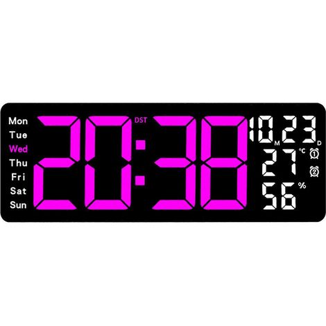 Grande horloge murale LED avec télécommande, capteur de lumière, thermomètre, affichage de la date et du jour, idéale pour une décoration intérieure élégante, rouge rose. (1/5)