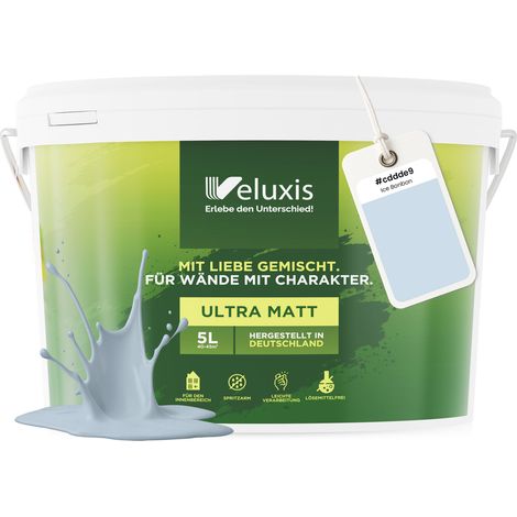 Wandfarbe Hellblau Blau Hellgrau Matt Innenfarbe – Deckkraft Klasse 1, VOC-frei, Ohne Grundierung, Tropfarm – Wohnzimmer & Schlafzimmer – 5L – Veluxis (Ice Bonbon)