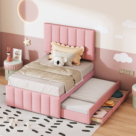 Polsterbett 90x200 cm in Rosa mit ausziehbarem Rollbett und 3 Stauraumschubladen, hautfreundliches Leinen, höhenverstellbares Kopfteil (1/5)