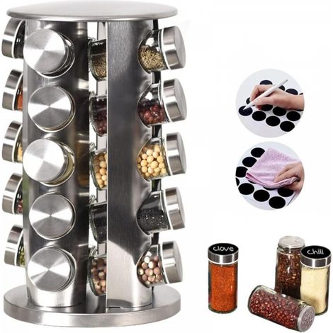 Tourniquet à épices, avec 16 pots, étagère rotative à 360°, inox, verre, organiseur, HxD 33 x 22 cm, argent (1/5)