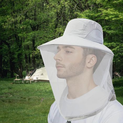 Gorro con mosquitera y protección solar: un gorro plegable de malla (gris claro) ideal para acampar al aire libre, practicar jardinería y hacer senderismo. (1/4)