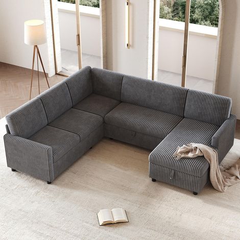 U-förmiges ecksofa mit schlaffunktion 274x220x85 cm - ausziehbares schlafsofa mit stauraum und lattenrost aus modernem grobem cordstoff - grau (1/5)