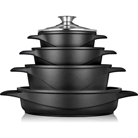 Briebe MGK-17 Batería de Cocina Inducción 8 Piezas Aluminio Fundido 4 Ollas con Tapa de Cristal Antiadherente  Negro