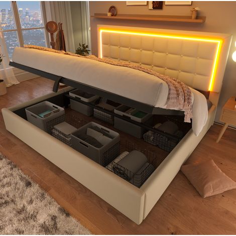 Cama matrimonio con almacenaje LED PU 160x200 DESVIAE (1/5)