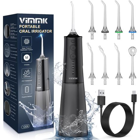 Jet Dentaire Hydropulseur et Irrigateurs Oral avec 5 Modes de Pression d'eau et 8 Embouts Remplaçables, Rechargeable et Étanche IPX7, Réservoir 300ML (Noir) (1/5)