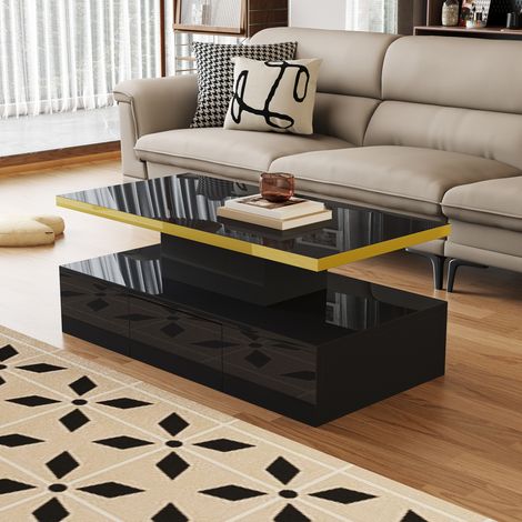 Couchtisch aus Spanplatte in Hochglanz-Schwarz, 100 cm, mit Schublade und 2 Ebenen (1/5)