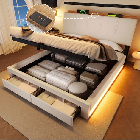 Letto contenitore 140x200 cm beige in lino con LED, prese USB-C e cassetti (1/5)