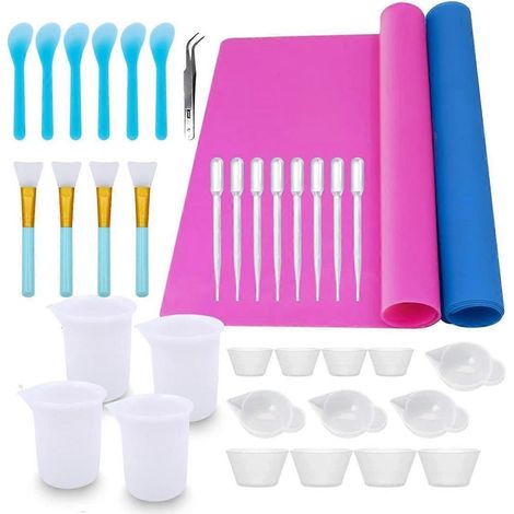 Kit d'outils de mélange pour résine époxy 36 pièces, outils réutilisables en silicone souple, comprenant des tapis en silicone et des tasses à mesurer. (1/4)