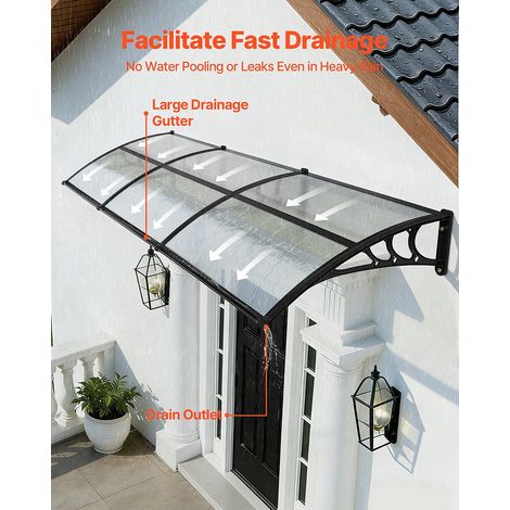 Auvent de Porte d'Entrée 96,5x297,5 cm Marquise de Porte Extérieur Polycarbonate Transparent pour Fenêtres de Porches Balcons, Prot… (1/5)