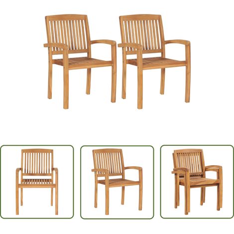 The Living Store Chaises empilables à manger de jardin lot de 2 Bois teck solide - Chaise De Jardin - Chaise Empilable - Mobilier De Jardin - Teck - Meuble Extérieur (1/5)