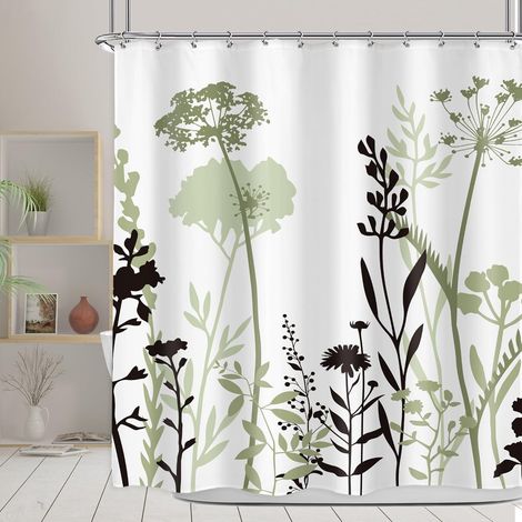 Rideau de douche 183 x 183 cm (l x H) Motif floral vert sauge Silhouette noire Style rustique bohème Plante botanique vintage Esthétique Avec 12 crochets en plastique Accessoires (1/5)