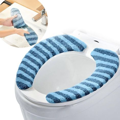 Waschbarer und warmer Plüsch-Toilettensitzbezug, weiche und rutschfeste Toilettenmatte mit Klebeband, pflegeleicht, blau (1/4)