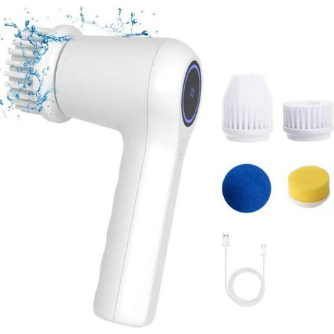 Brosse nettoyage électrique rechargeable – 4 têtes incluses, épurateur à main – Pour baignoire, cuisine et carrelage – Nettoyage automatique (1/5)