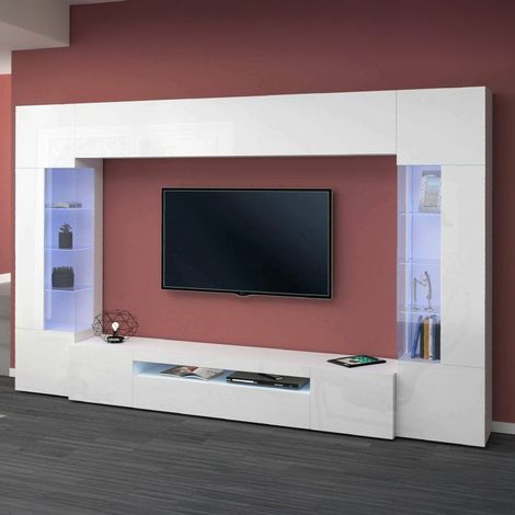 Dmora - Pared Equipada Dberard, Conjunto de salón Mueble de TV con 6 puertas, Mueble de salón polivalente con luz LED, 100% Made in Italy, cm 290x40h191, Blanco brillante (1/5)