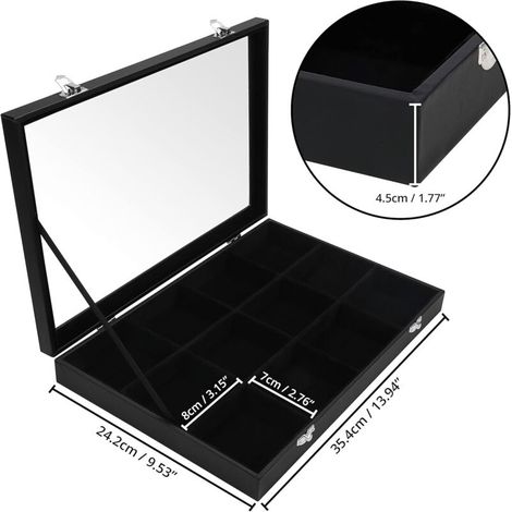 Schmuckkästchen aus schwarzem Samt mit 12 verstellbaren Fächern und Glasdeckel – Präsentationsbox 35,4 x 24,2 cm – Aufbewahrung für Ringe, Ohrringe und Halsketten