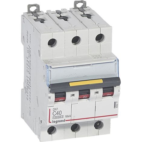 Disjoncteur DX10000 16kA arrivée haute et départ bas à vis 3P 400V 40A courbe C 3 modules (409277)