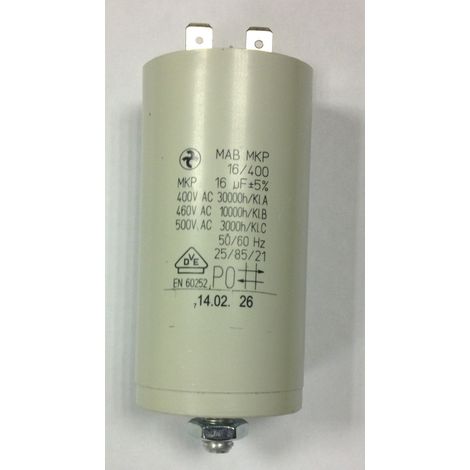 Condensateur 16uF – 2 fiches filet D. M8 – Compatible Outils Wolf UVEL – Tension 250V – Fréquence 50Hz – Al-Ko