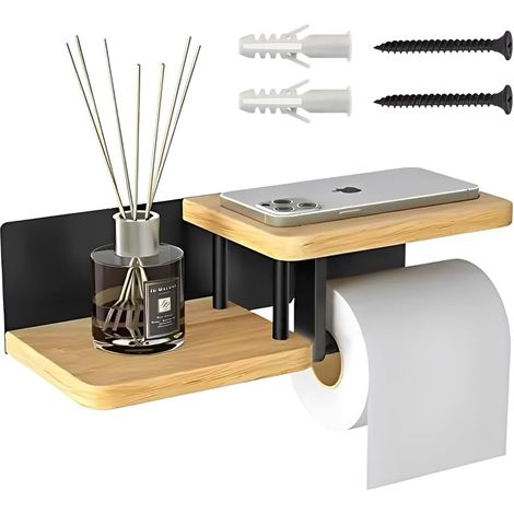 Porte-papier toilette bambou et acier avec étagère