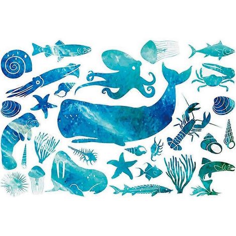 Planches d'autocollants pour chambre d'enfant, décoration murale sur le thème de la vie marine-57x38cm-Blue (1/2)