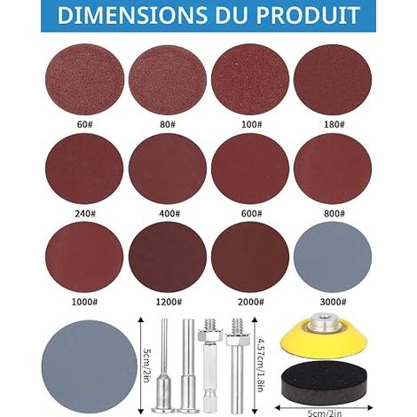 Disques de PonçAge 50mm Disques Abrasifs Grain 20 X 60 80 100 180 240 400 600 800 1000 1200 2000 3000, 2 Tampon de PonçAge et 2 Coussin éPonge avec 4 Tige pour Poncer, Polir, DéRouiller (1/4)