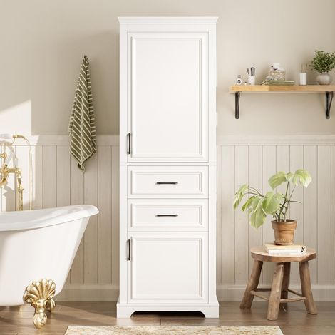 Armoire de salle de bain haute 60 x 40 x 180 cm en MDF, avec deux tiroirs, deux placards, quatre étagères réglables, charnières à fermeture amortie, poignées noires, design sobre, blanche (1/5)