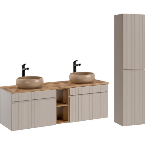 Ensemble meuble double vasque 140cm 2 niches et colonne Zelie Cachemire et Bois (1/5)