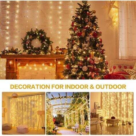 NALOOKAMIC  Guirlande Lumineuse Rideau 3 mx 3 m 300 LED 8 Modes Télécommande Minuterie Luminosité Réglable Etanche IP65 (Blanc Chaud)