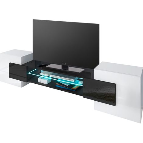 Dusine – Meuble TV Pablo 230 cm – Avec LED noir mat et blanc laqué – Caissons en finition mat – 2 placards et 2 niches de rangement (1/4)